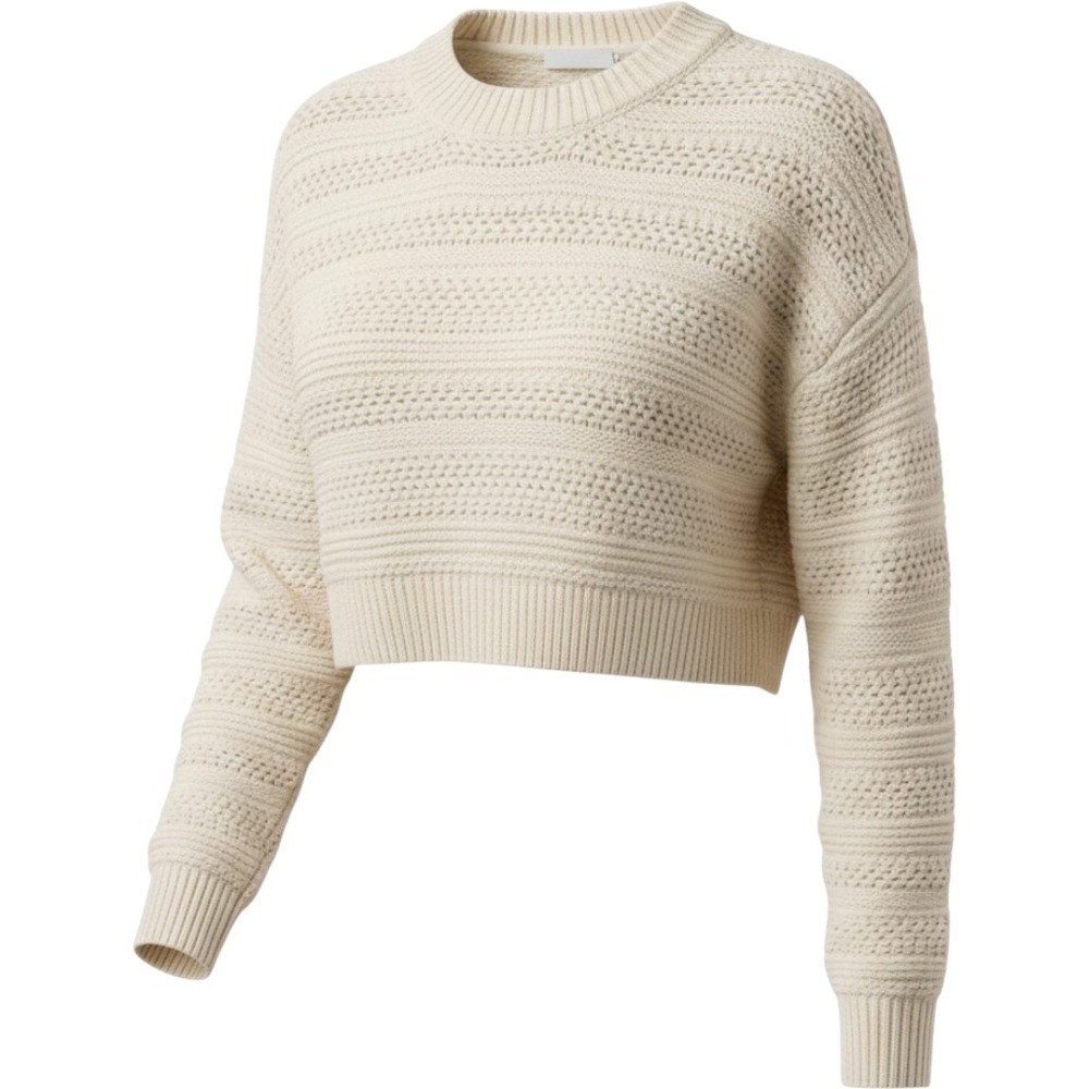 Womens  Cropped Sweater Knit Pullover Cream Color, Long Sleeve Size Large